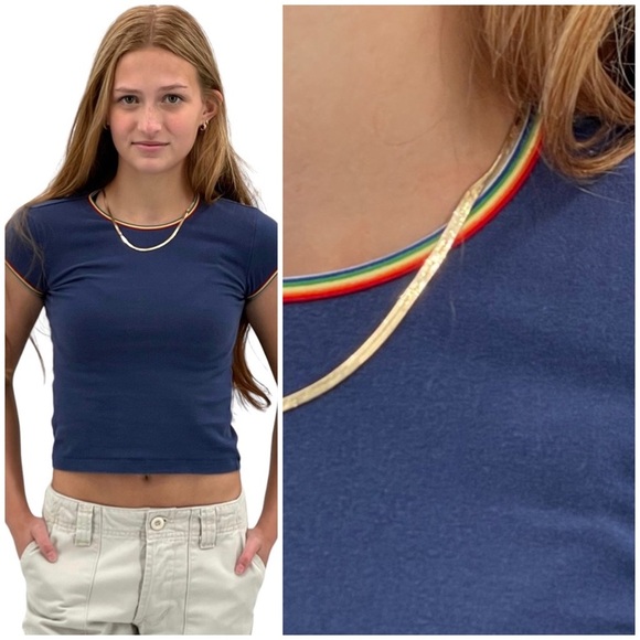 Vintage 2001 Old Navy Cropped Baby Tee Rainbow Stripe Trim Navy Blue | XXS/XS - Picture 1 of 9